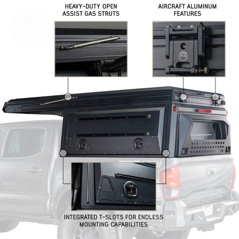 overland-vehicle-systems-magpak-camper-shell-roof-top-tent-for-jeep-gladiator-closed-side-view-integrated-t-slots-on-white-background