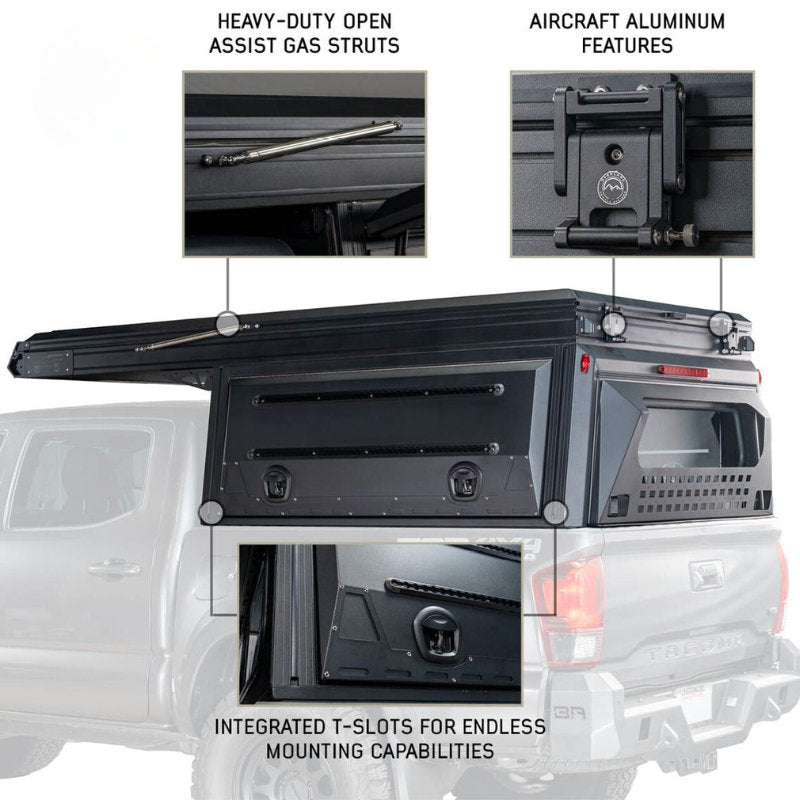 overland-vehicle-systems-magpak-camper-shell-roof-top-tent-for-toyota-tundra-closed-side-view-integrated-t-slots-on-white-background