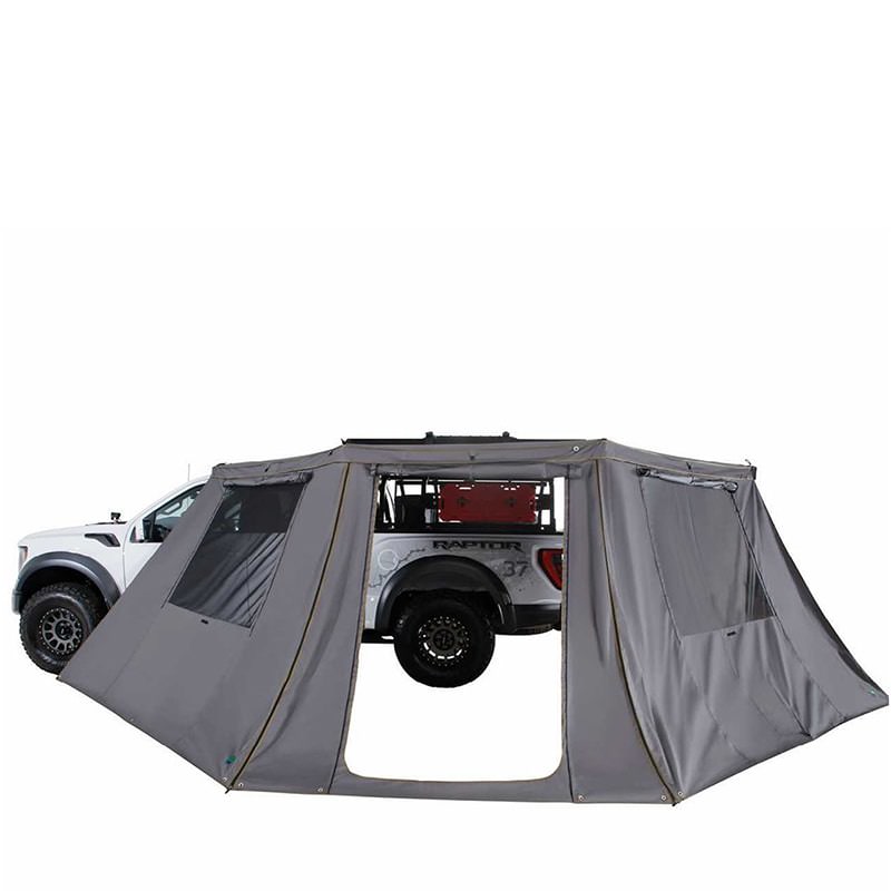 overland-vehicle-systems-nomadic-180-lte-awning-wall-with-windows-open-front-corner-view-on-vehicle-with-full-door-open-on-white-background