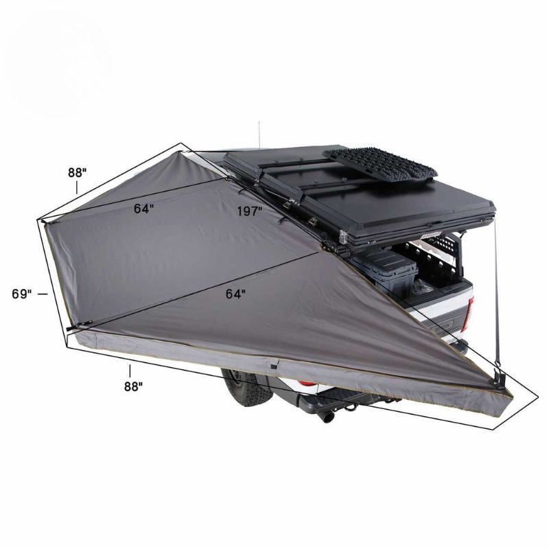 overland-vehicle-systems-nomadic-awning-180-lte-gray-open-top-view-on-vehicle-on-white-background