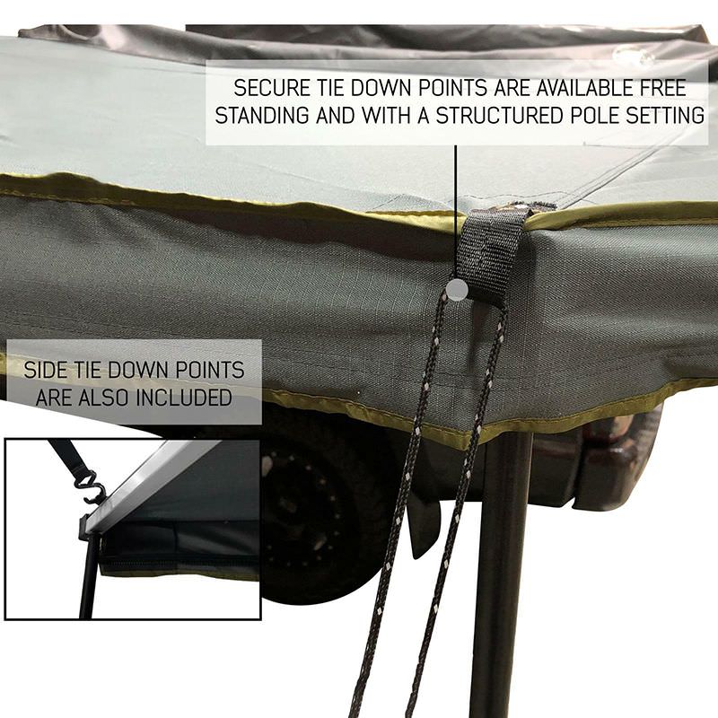 overland-vehicle-systems-nomadic-awning-180-open-with-close-up-of-tie-down-points