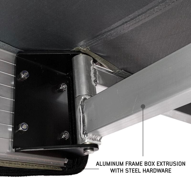 overland-vehicle-systems-nomadic-awning-270-lt-gray-close-up-view-of-aluminum-frame-box-extrusion-and-heavy-duty-hinge