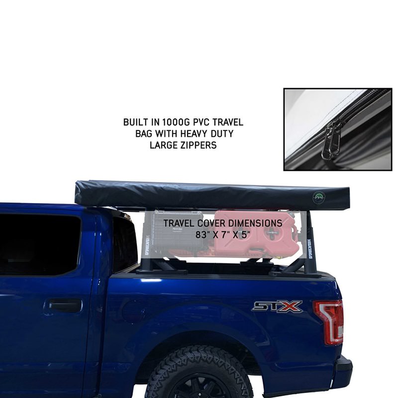 overland-vehicle-systems-nomadic-awning-270-lt-driver-side-gray-closed-side-view-on-ford-ranger-with-travel-cover-dimensions