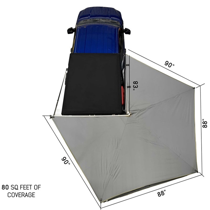 overland-vehicle-systems-nomadic-awning-270-lt-passenger-side-dark-gray-open-top-view-on-ford-ranger-coverage-description