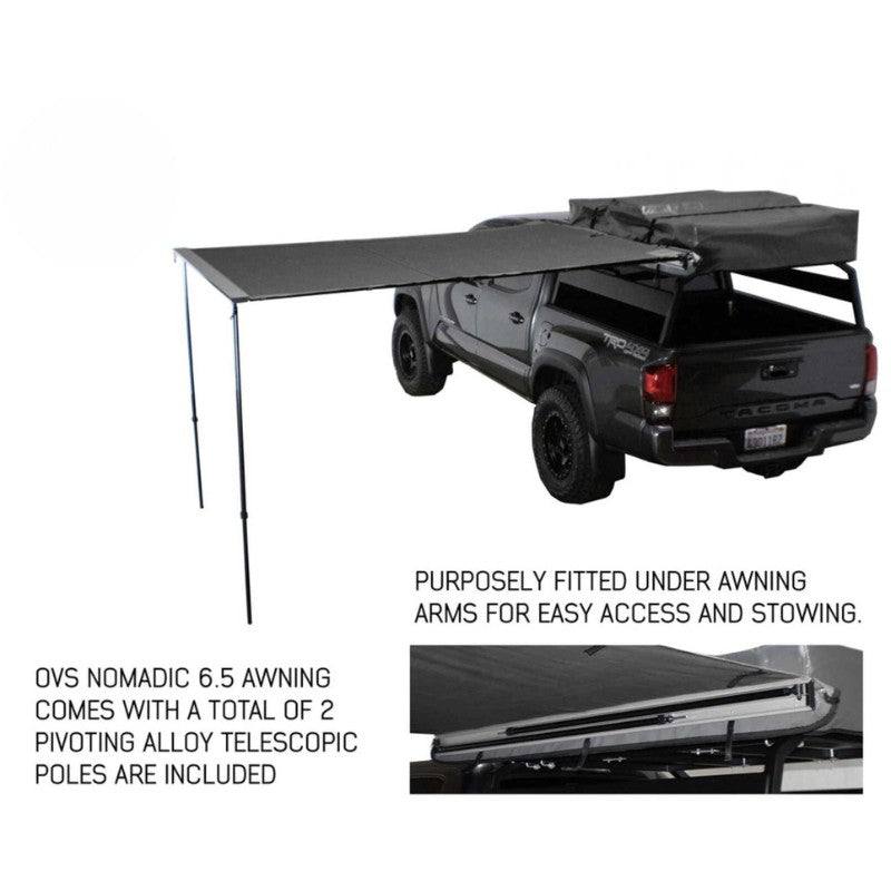 overland-vehicle-systems-nomadic-awning-8-ft-gray-open-rear-corner-view-on-toyota-tacoma-on-white-background