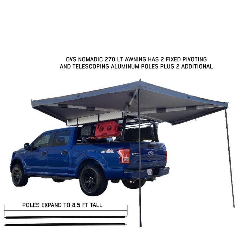 overland-vehicle-systems-nomadic-lt-270-awning-with-walls-driver-side-open-rear-corner-view-on-ford-ranger-with-pivoting-and-telescoping-aluminum-pole-description