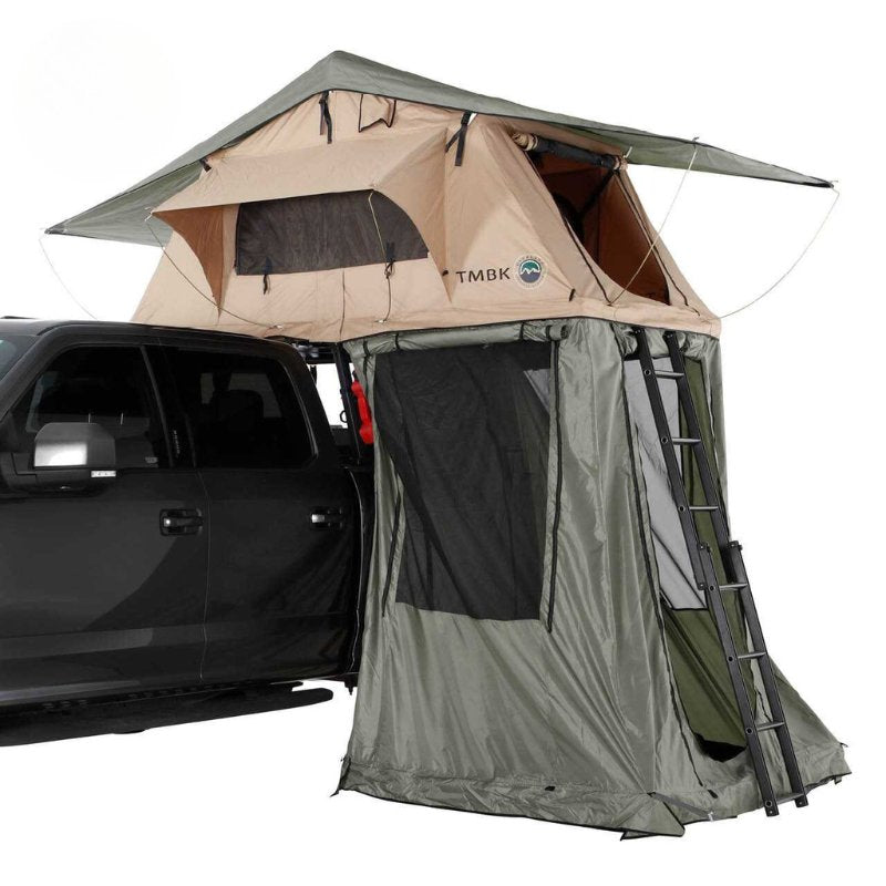 overland-vehicle-systems-tmbk-roof-top-tent-annex-green-base-black-floor-open-side-view-closed-windows-on-white-background