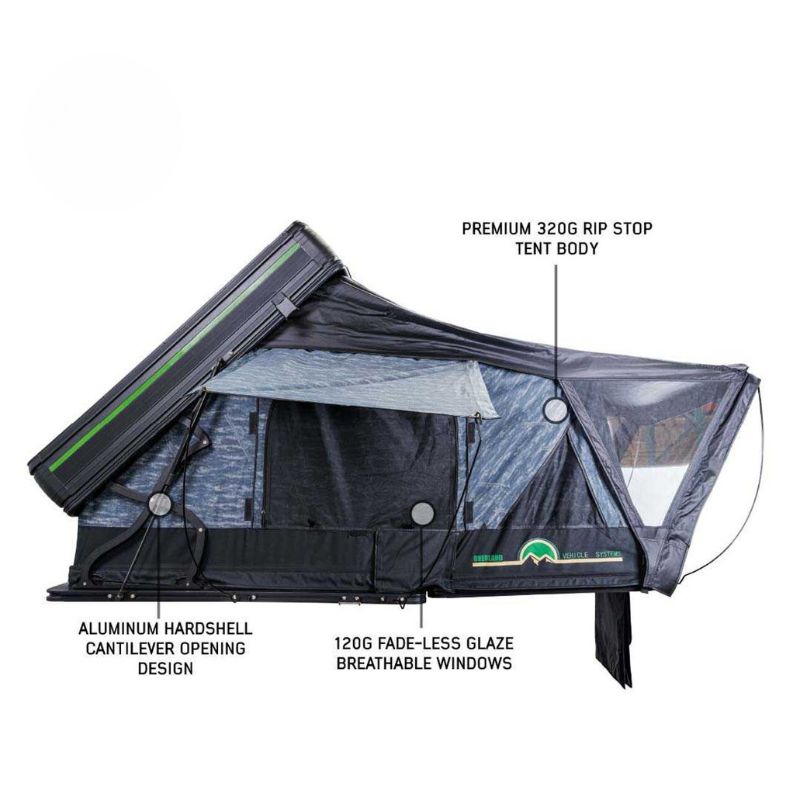 overland-vehicle-systems-xd-everest-cantilever-aluminum-roof-top-tent-gray-body-black-rainfly-open-side-view-weight-and-dimensions-on-white-background