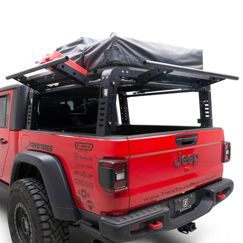 zroadz-overland-bed-rack-with-three-lifting-side-gates-for-jeep-gladiator-rear-corner-view-of-vehicle-on-white-background