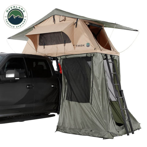 overland-vehicle-systems-tmbk-annex-fitted-to-tmbk-soft-shell-roof-top-tent-on-ford-f150-front-corner-view-door-and windows-open