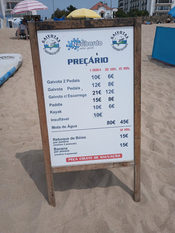 Sign on the beach showing the prices for renting paddle boats, kayaks, and jetskis.