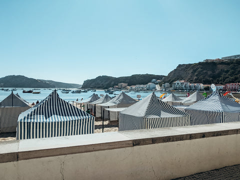 View of beach cabanas on the beach at Sao Martinho do Porto along Portugal's Silver Coast