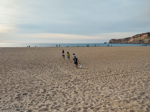 Group of four children with a dog running on the beach of Nazare in Portugal