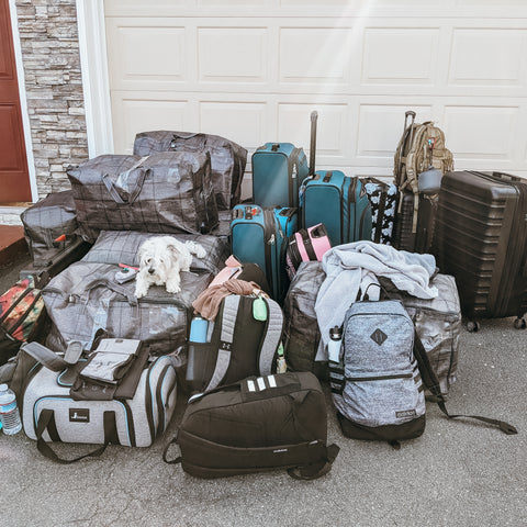 Pile of suitcases, carry-on bags, backpacks and other carriers waiting for a ride to the airport. A small white dog is laying on top of the luggage.