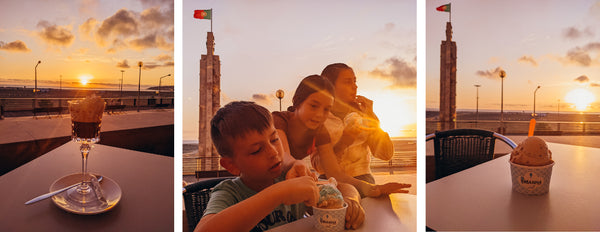 Triptych of Emanha Gelato in Figeuira da Foz Portugal. Left photo shows an Irish coffee with whipped cream. Center photo shows three children enjoying gelato in front of the clock tower. The right photo shows a cup of Emanha flavored gelato on a table with the setting sun in the background.