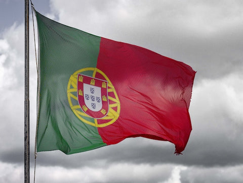 Flag of Portugal blowing in the wind against gray clouds