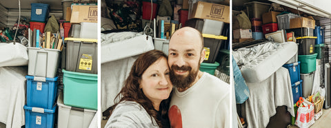 Image showing three photos in front of a packed storage unit and featuring the wife and husband who the packed items belong to.