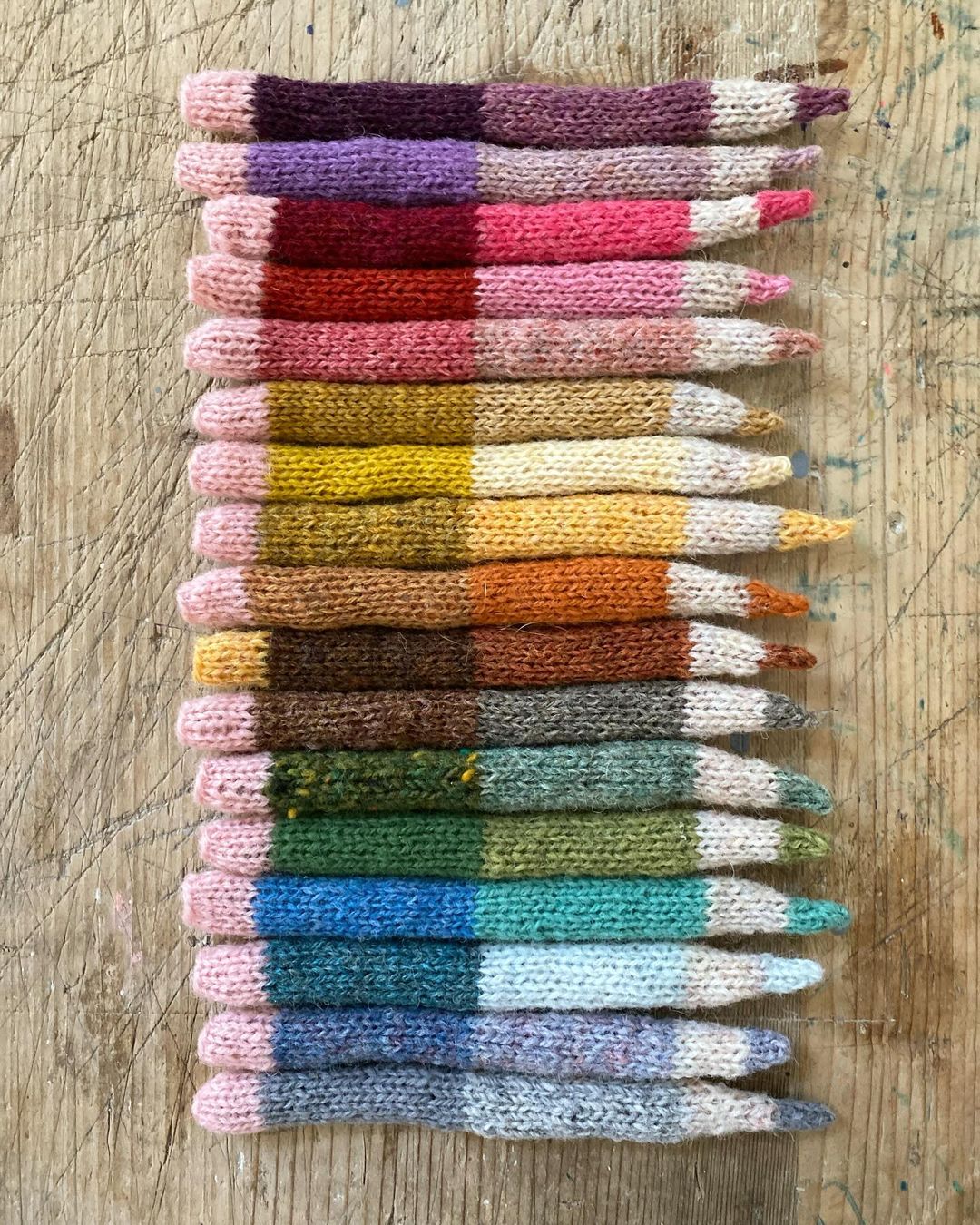 hand knit pencils in ranbow colors
