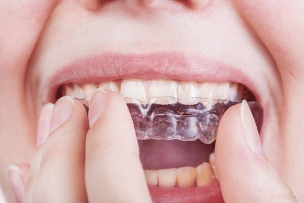 A woman wearing an aligner