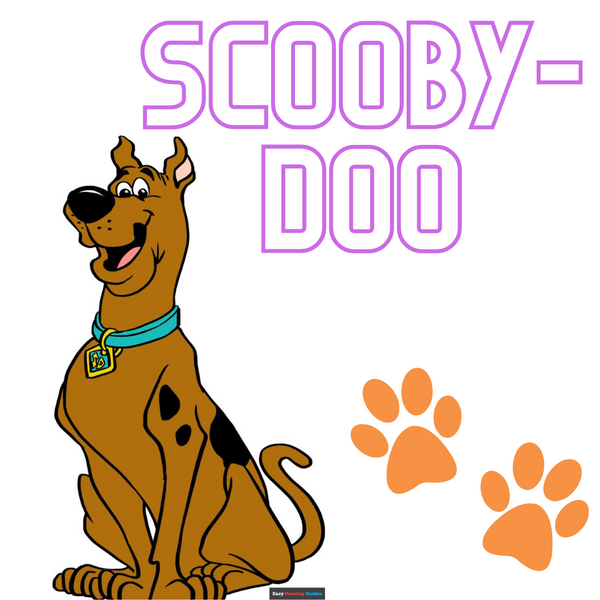 scooby-doo siting down and two orange paw-prints