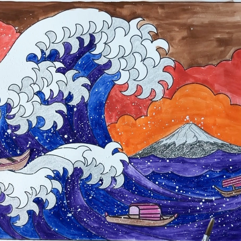 Disegno colorato della grande onda di Hokusai