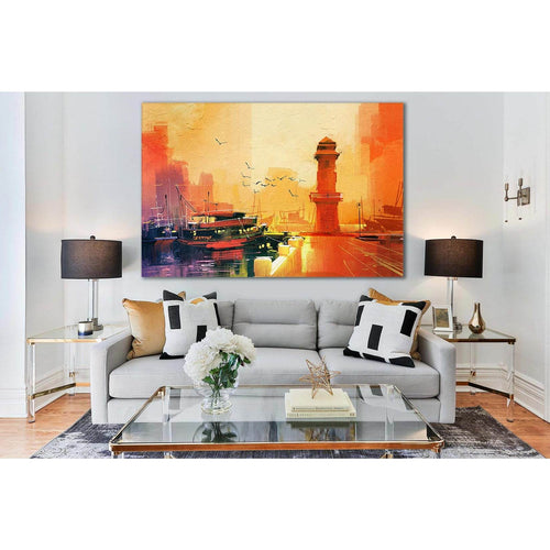 Lighthouse And Fishing Boat At Sunset №SL598 - Canvas Print / Wall Art / Wall Decor / Artwork / Poster