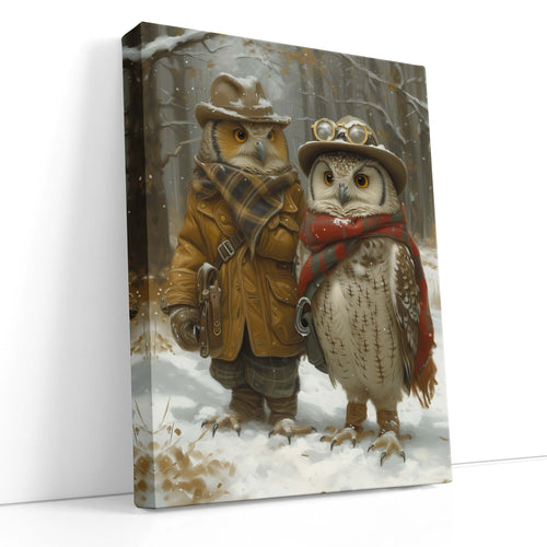 Vintage Owls in Snow - Canvas Print