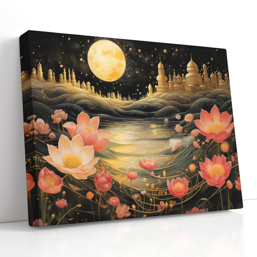 Moonlit Lotus and Cityscape - Canvas Print