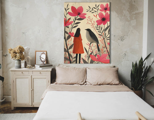 Girl and Blackbird in a Floral Garden - Canvas Print