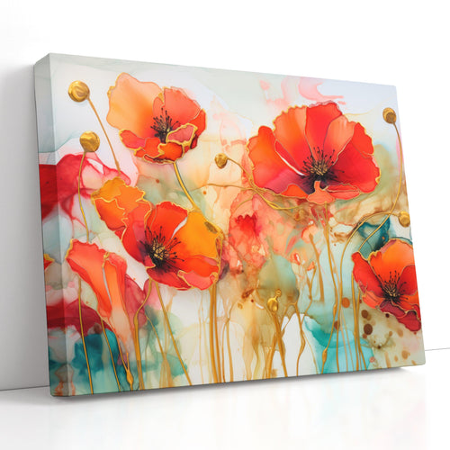 Abstract Red Poppies Flower with Golden Edges - Canvas Print
