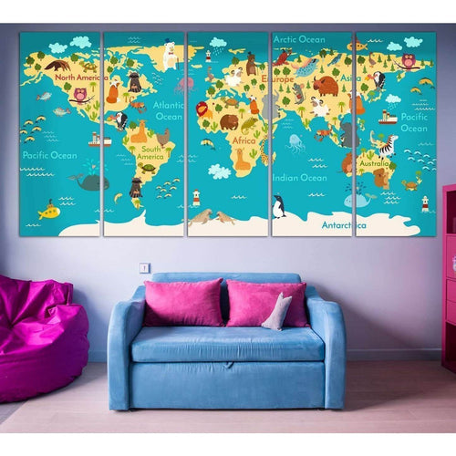 Animals world map for kids room №794 - Canvas Print / Wall Art / Wall Decor / Artwork / Poster