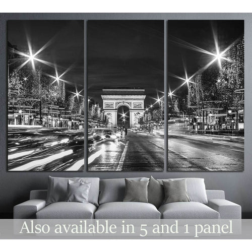 Black and White Paris Evening traffic on Champs-Elysees in front of Arc de Triomphe №2650 - Canvas Print / Wall Art / Wall Decor / Artwork / Poster