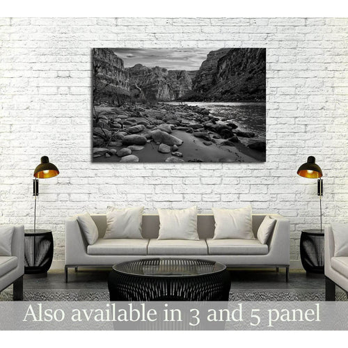 Black and white view of the Grand Canyon from the Colorado River №2936 - Canvas Print / Wall Art / Wall Decor / Artwork / Poster