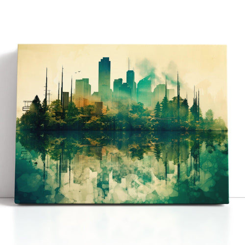Double Exposure of a Modern Cityscape and Lush Jungle - Canvas Print