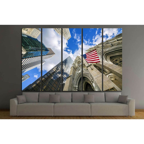 Flag USA on St Patrick's Cathedral, Midtown Skyscrapers, Manhattan, New York №1296 - Canvas Print / Wall Art / Wall Decor / Artwork / Poster