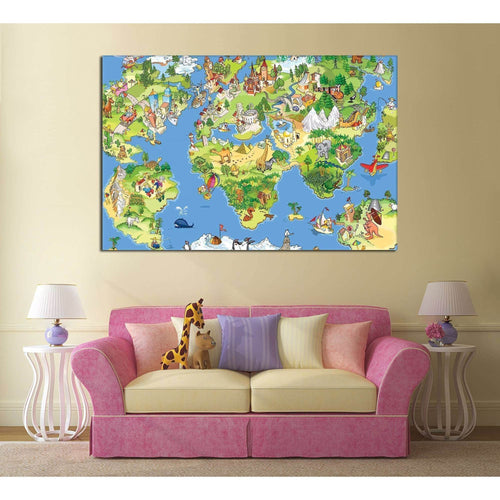 Funny cartoon world map for kids room №795 - Canvas Print / Wall Art / Wall Decor / Artwork / Poster