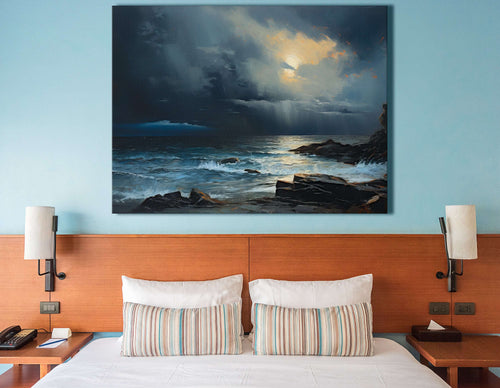 Moonlit Coastal Seascape with Heavy Clouds and Rain - Canvas Print