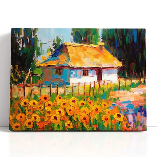 Old-Style House with Sunflower Garden - Canvas Print