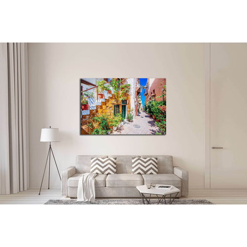 Pictoresque mediterranean street with stairs and flower pots, Chania, island of Crete, Greece №3053 - Canvas Print / Wall Art / Wall Decor / Artwork / Poster