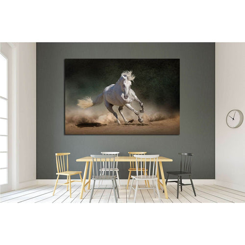 White andalusian horse in desert dust against dark background №1855 - Canvas Print / Wall Art / Wall Decor / Artwork / Poster