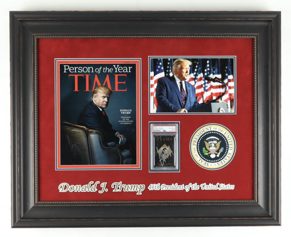 Custom framed display featuring a hand-signed card from 'Trump The Game' by former President Donald Trump, with the item authenticated and encapsulated by PSA/DNA, currently on auction