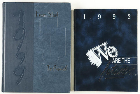 Image of the 1992 Bala Cynwyd Middle School yearbook and the 1999 Marina High School yearbook, both open to reveal hand-written inscriptions and signatures from a young Kobe Bryant and Vanessa Laine, respectively