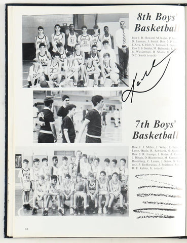 Image of the 1992 Bala Cynwyd Middle School yearbook and the 1999 Marina High School yearbook, both open to reveal hand-written inscriptions and signatures from a young Kobe Bryant and Vanessa Laine, respectively