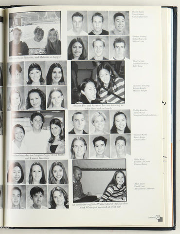 Image of the 1992 Bala Cynwyd Middle School yearbook and the 1999 Marina High School yearbook, both open to reveal hand-written inscriptions and signatures from a young Kobe Bryant and Vanessa Laine, respectively