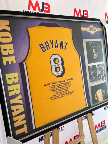 Close-up of Kobe Bryant's authentic signature on an LA Lakers jersey