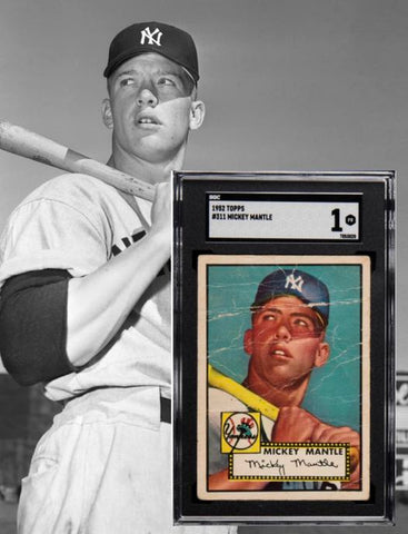 A 1952 Topps Mickey Mantle baseball card, graded SGC 1, featuring the young New York Yankees legend in his uniform, drawing significant interest at auction despite its poor condition.