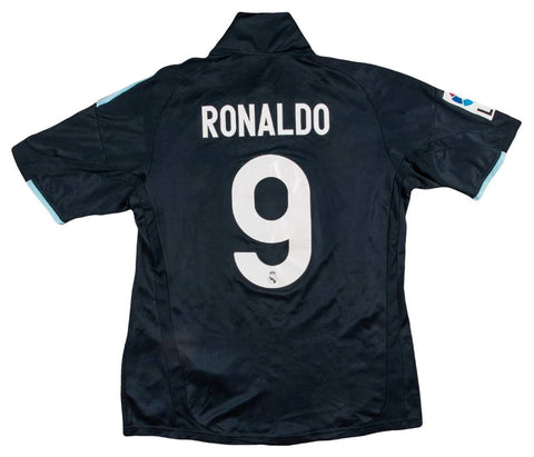 Image of Cristiano Ronaldo's match-used, photo-matched Real Madrid #9 away jersey from April 24, 2010. The dark navy jersey features the Real Madrid crest, Santiago Bernabeu Stadium logo, La Liga patch, and Ronaldo's name and number in prominent display