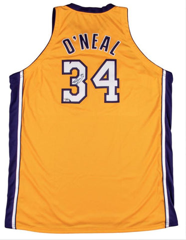 Shaquille O'Neal's team-issued, signed Los Angeles Lakers home jersey from the 2000-01 NBA Finals MVP season, showcasing the player's signature on the number '3' at the back, alongside an NBA Authentics/Nike size 60 tag and a 'LENGTH +4' flag