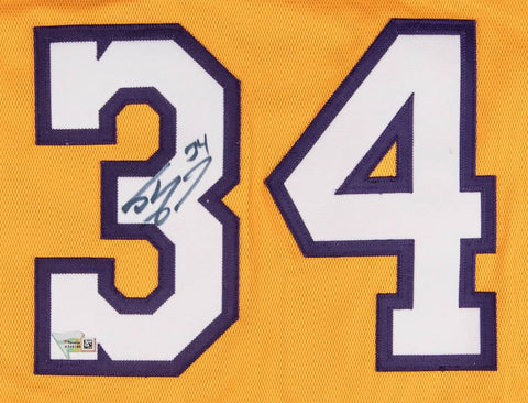 Shaquille O'Neal's team-issued, signed Los Angeles Lakers home jersey from the 2000-01 NBA Finals MVP season, showcasing the player's signature on the number '3' at the back, alongside an NBA Authentics/Nike size 60 tag and a 'LENGTH +4' flag