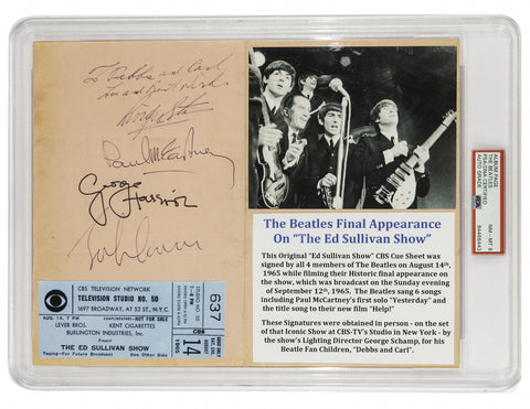 Original 1965 cue sheet signed by The Beatles - John Lennon, Paul McCartney, Ringo Starr, and George Harrison. Displayed in a protective encapsulation case, authenticated by PSA/DNA